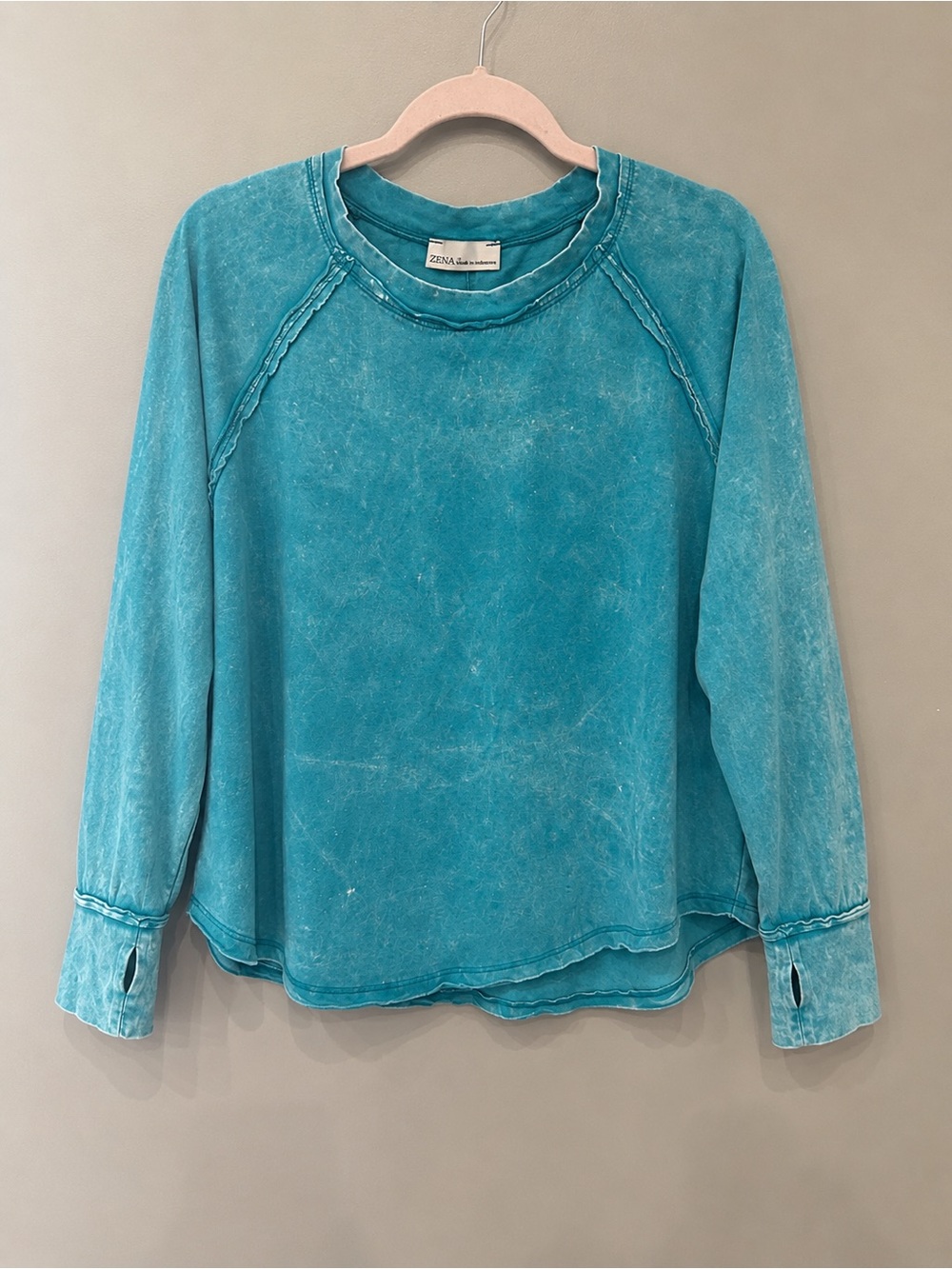 Zenana Mineral Washed Teal Raglan Long-Sleeve Pullover Raw Hem - Picture 2 of 6